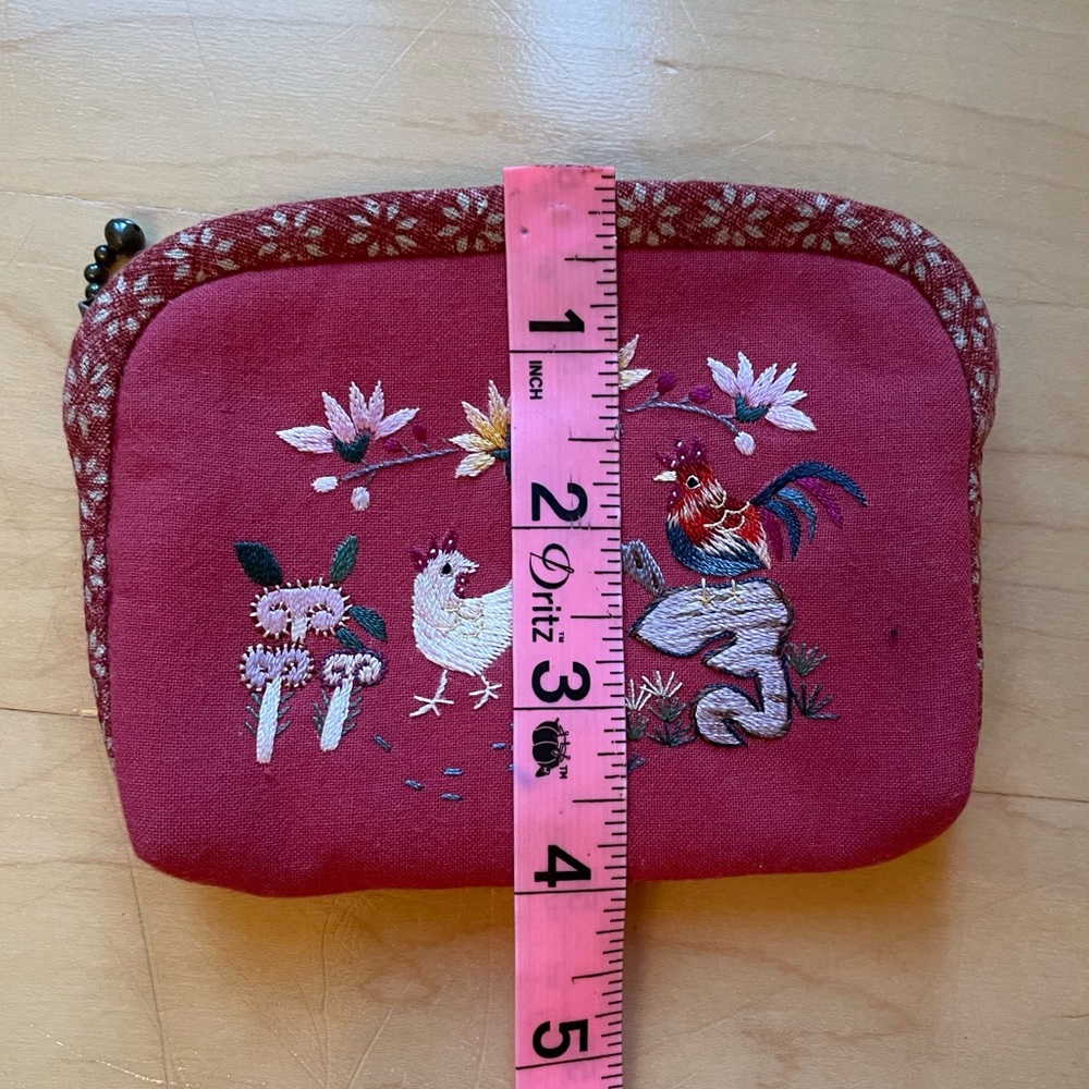 Chicken and Mushroom Bag; Red Embroidered Coin Purse with Zip; NWOT; Artisan - Picture 5 of 5